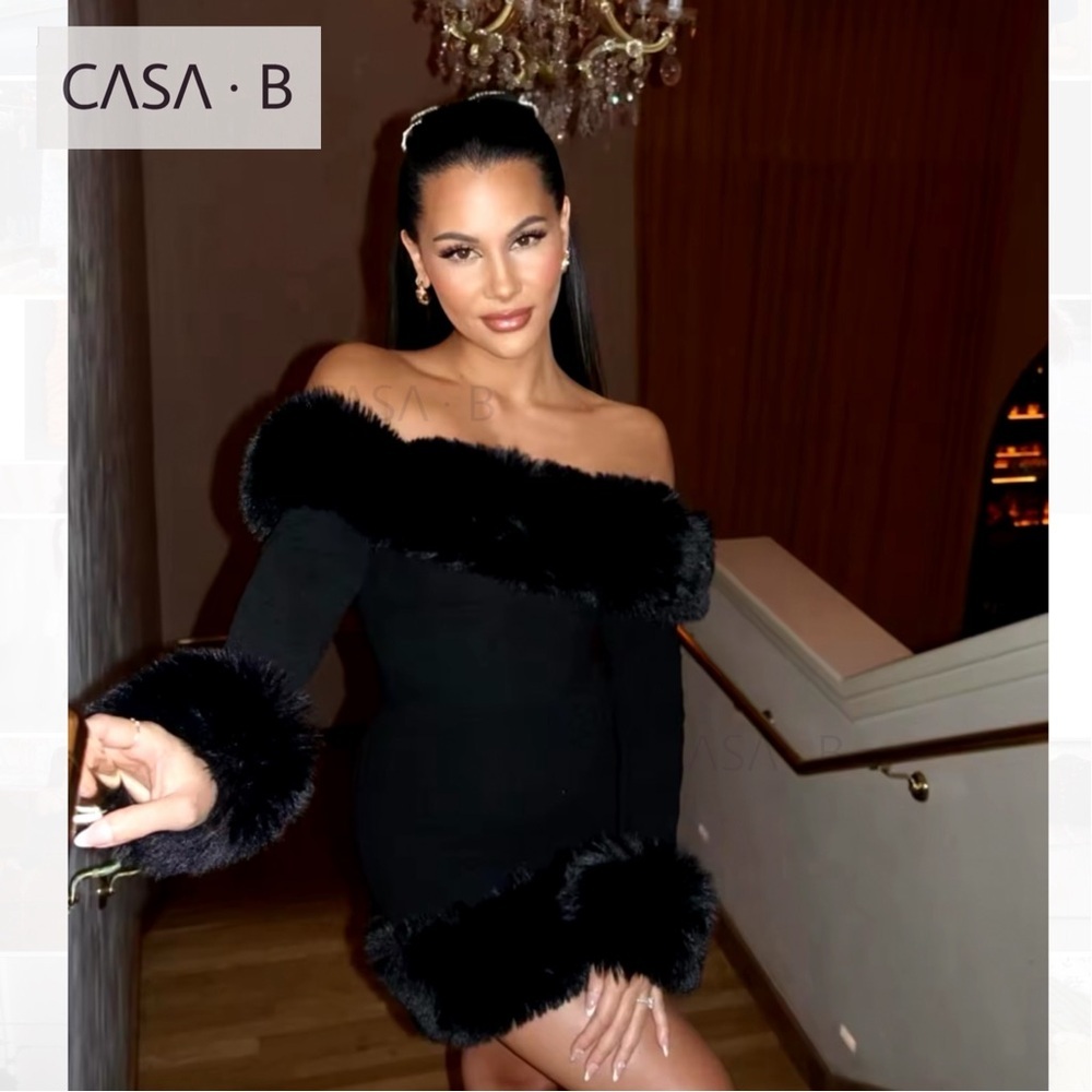 COMING SOON💫CASA B | Diana Luxe Off-Shoulder Faux Fur trimmed Black Mini Dress
